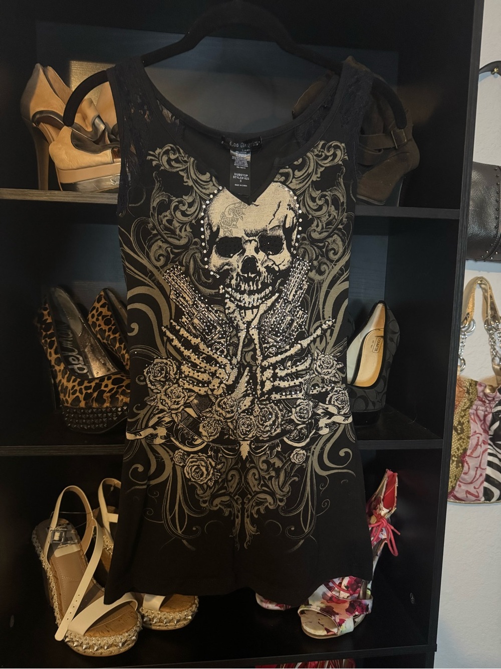 Los Angeles Apparel Black Skull & Floral Lace-Shoulder Tank